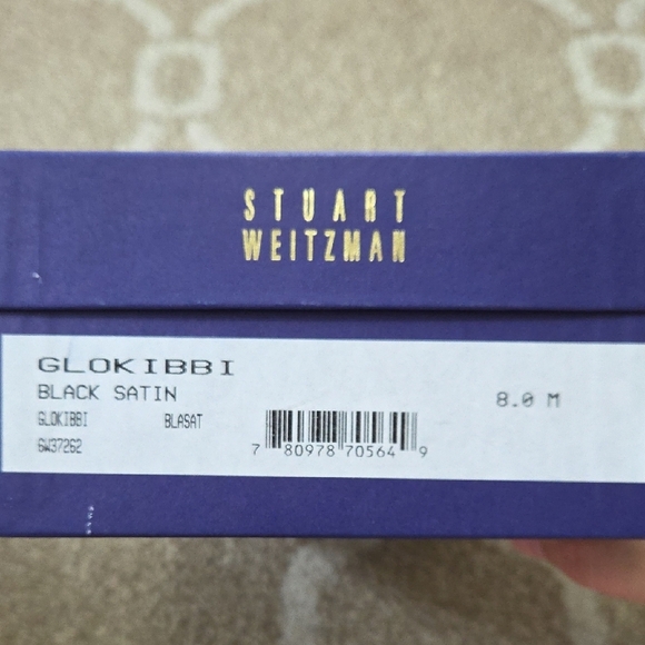 Stuart Weitzman Black Satin Peep-Toe Pumps w/ Rhinestone Bow - Size 8 - Picture 9 of 10